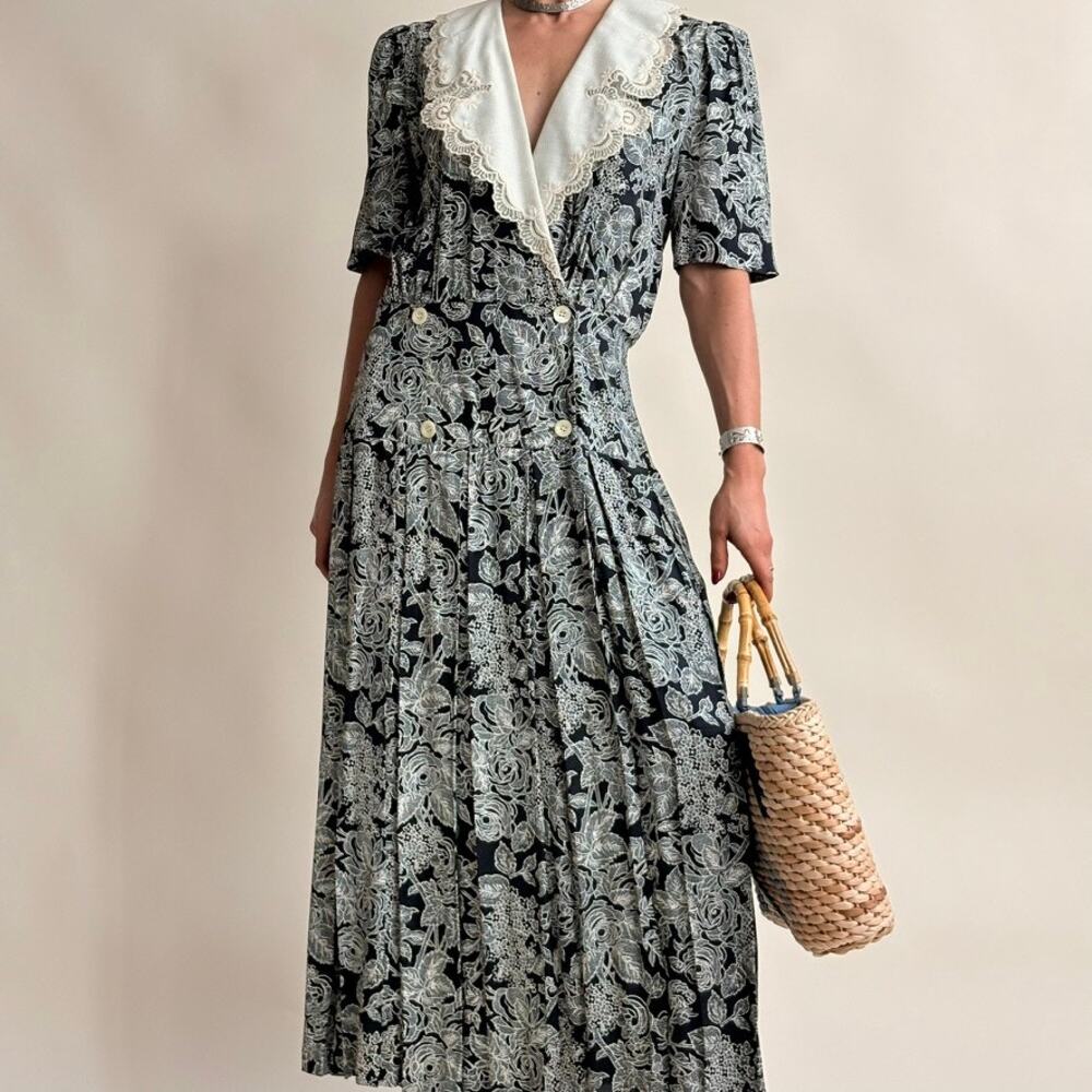 Vintage Jane Singer Navy Floral Maxi Dress - Size 8